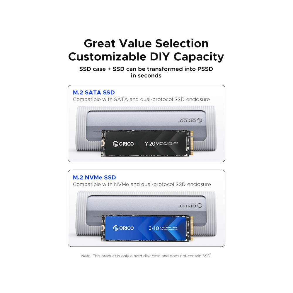 ENCLOSURE ORICO SSD M.2 10Gbps DUAL NVMe  CON FUNDA SILICONA USB-C ABS