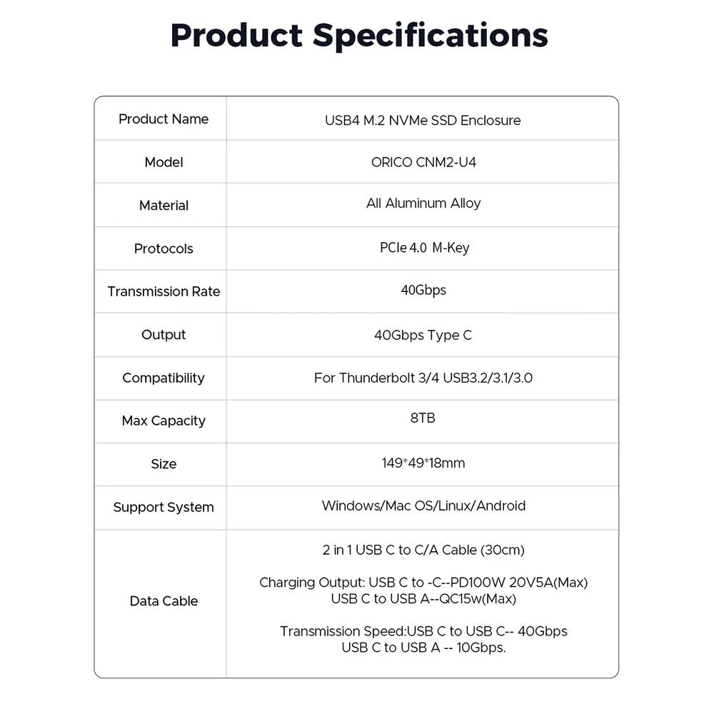 ENCLOSURE M2 NVME CNM2-U4 USB4 Tipo-C THUNDERBOLT 4/3 40GBPS SSD 2230 2242 2260 2280 KEY M COMPATIBLE UASP TRIM (CNM2-U4-GY)