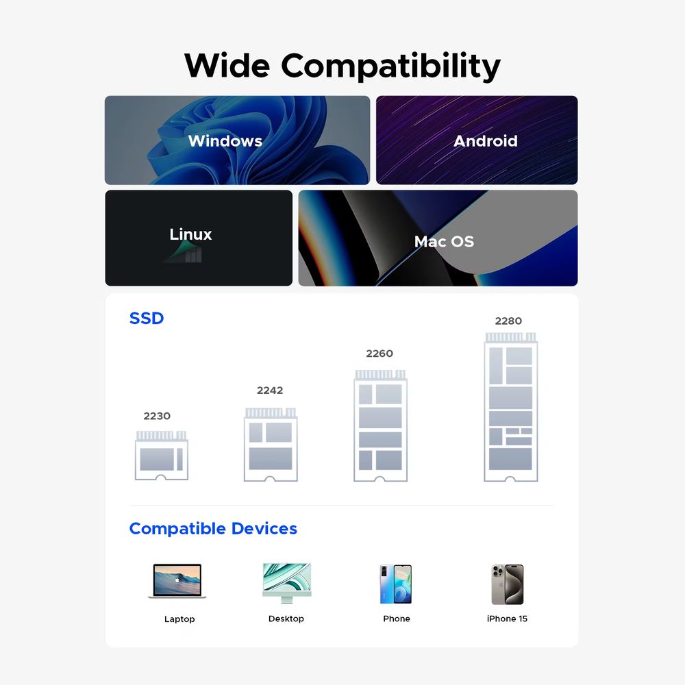 ENCLOSURE ORICO 40GBPS CON CAJA ALUMINIO TRANSPARENTE SOPORTA MAX. 8TB PCIE NVME THUNDERBOLT 3/4 (AAGM2-U4) SSD 2230 2242 2260 2280 con key M