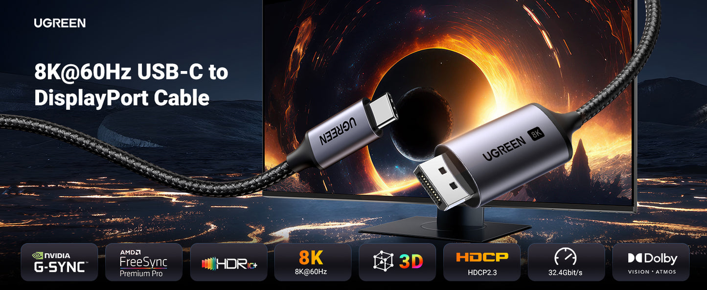 CABLE UGREEN USB C a DISPLAYPORT 3M 8K Thunderbolt 4 3 CERTIFICADO 4k 2k HDR 240hz 180hz 165hz 144hz HDR G-SYNC FREESYNC CM556 25839
