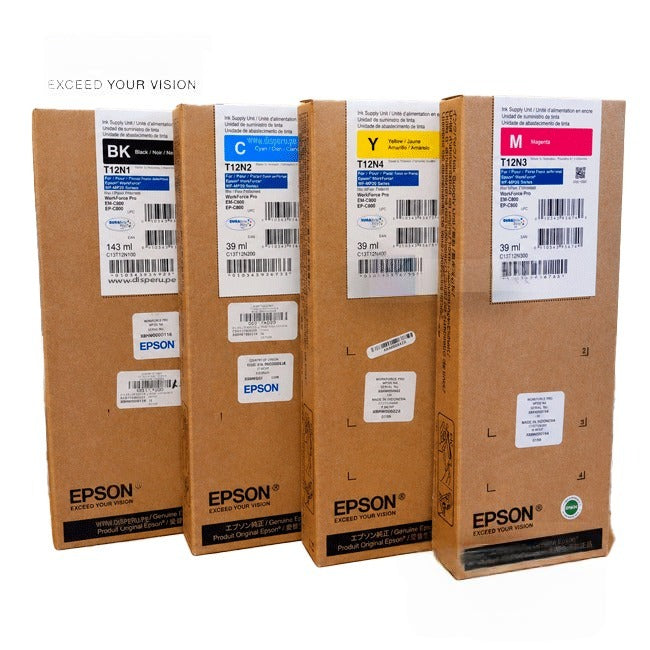 Kit de Bolsas de Tinta Epson T12N Originales para WorkForce Pro EM-C800 – Pack x4 Colores DURABrite Ultra | Distribuidor Oficial Epson Perú