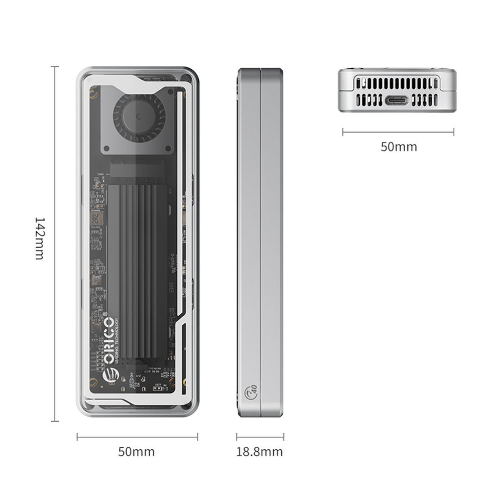 ENCLOSURE ORICO 40GBPS CON CAJA ALUMINIO TRANSPARENTE SOPORTA MAX. 8TB PCIE NVME THUNDERBOLT 3/4 (AAGM2-U4) SSD 2230 2242 2260 2280 con key M