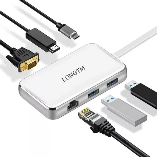 ADAPTADOR MULTIPUERTO 6 EN 1 USB-C a VGA, HDMI, RJ45, 2 USB, USB-C