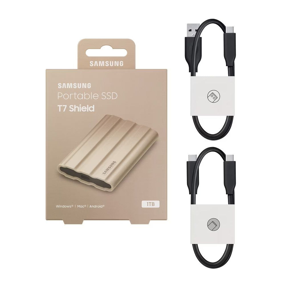 Disco externo SSD SAMSUNG T7 SHIELD CREMA 1TB USB C IP65 RESISTE AGUA CAIDAS