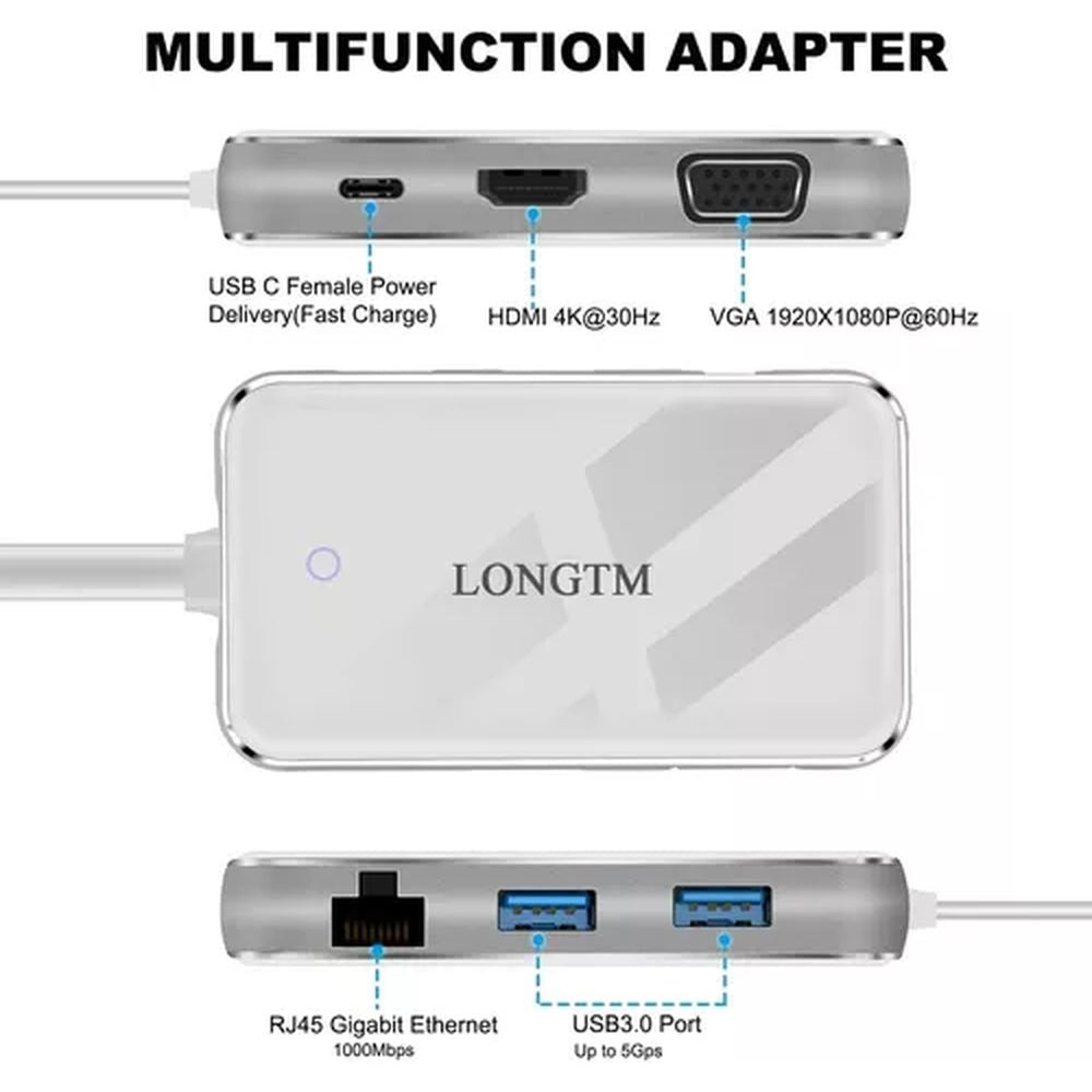 ADAPTADOR MULTIPUERTO 6 EN 1 USB-C a VGA, HDMI, RJ45, 2 USB, USB-C