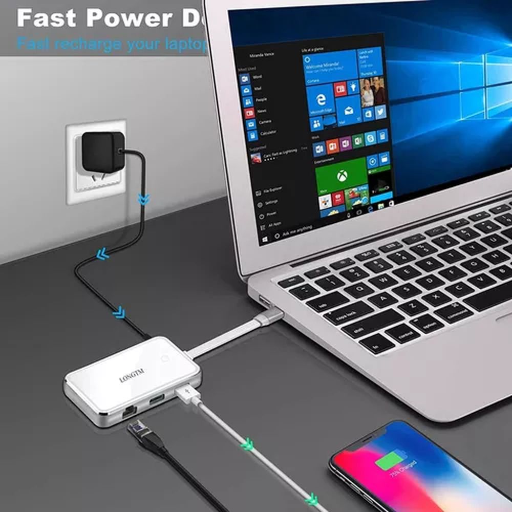 ADAPTADOR MULTIPUERTO 6 EN 1 USB-C a VGA, HDMI, RJ45, 2 USB, USB-C