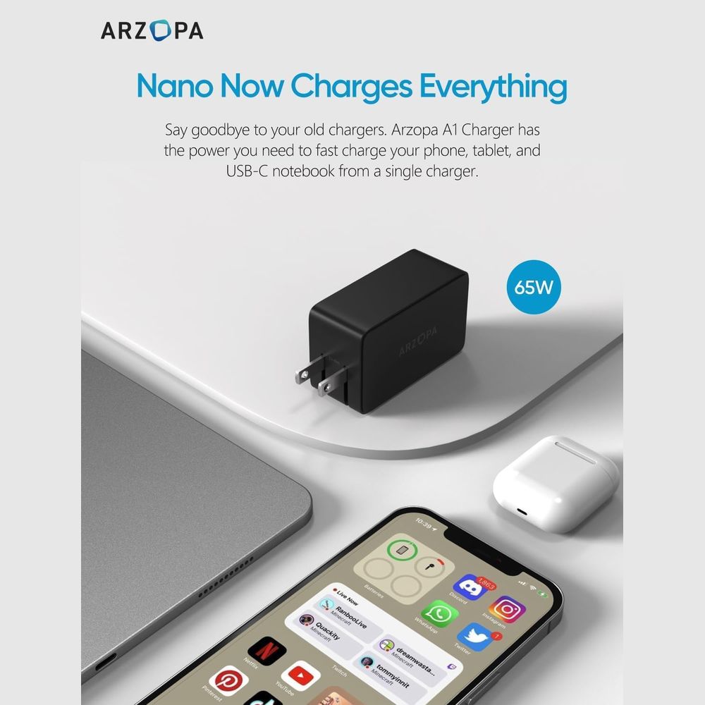 CARGADOR ARZOPA USB-C 65W CON 3 PUERTOS PARA LAPTOP | MONITOR PORTATIL | CELULAR