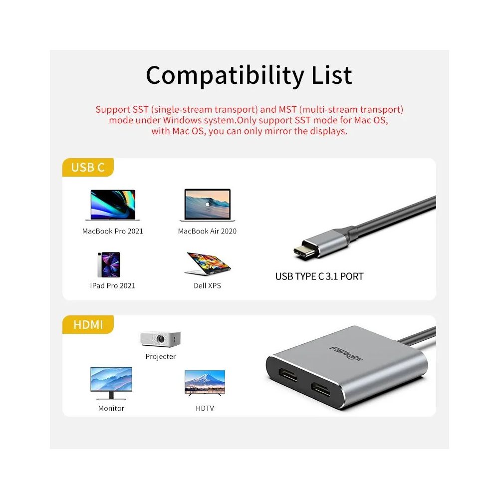 ADAPTADOR VIDEO USB C A HDMI 2 SALIDAS HDMI PC MAC IPAD