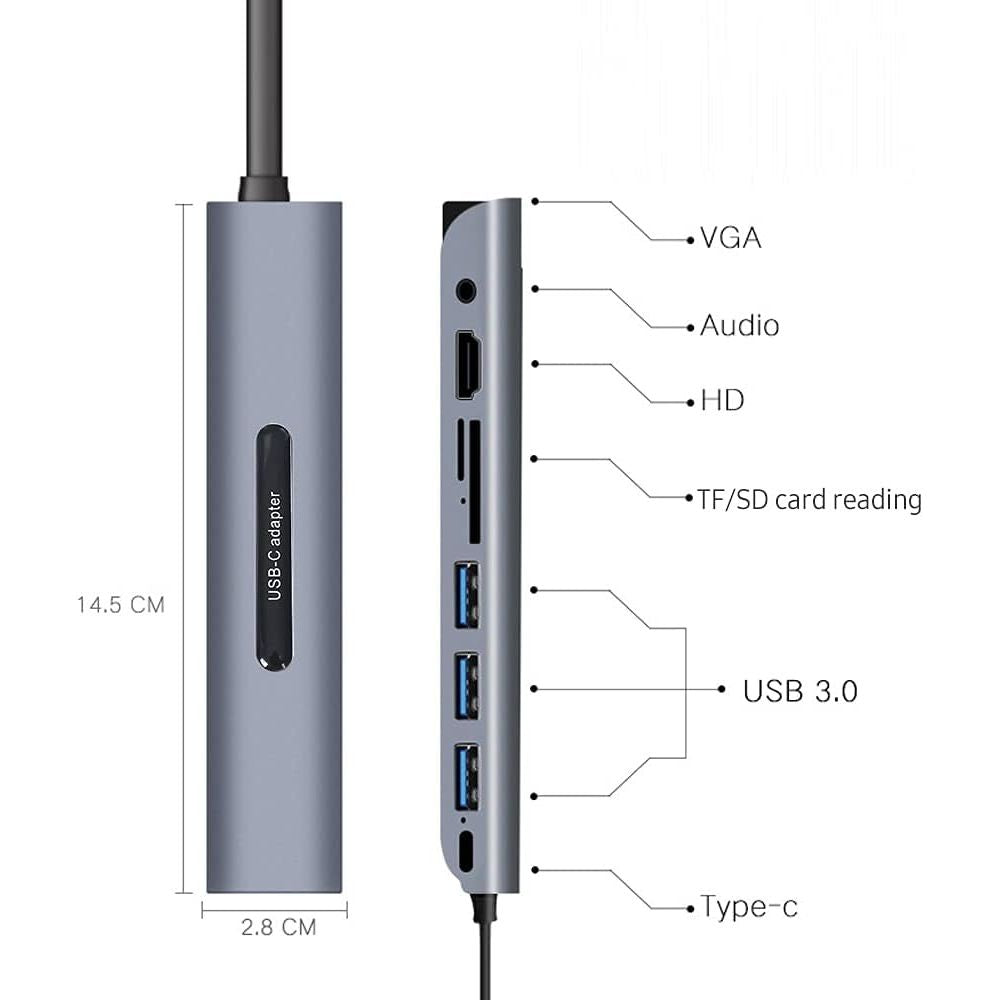 Adapatador multipuerto V161B 9-en-1 Tipo-C a HD, VGA, USB 3.0, SD, 0.138 in Audio, TF Lector HUB