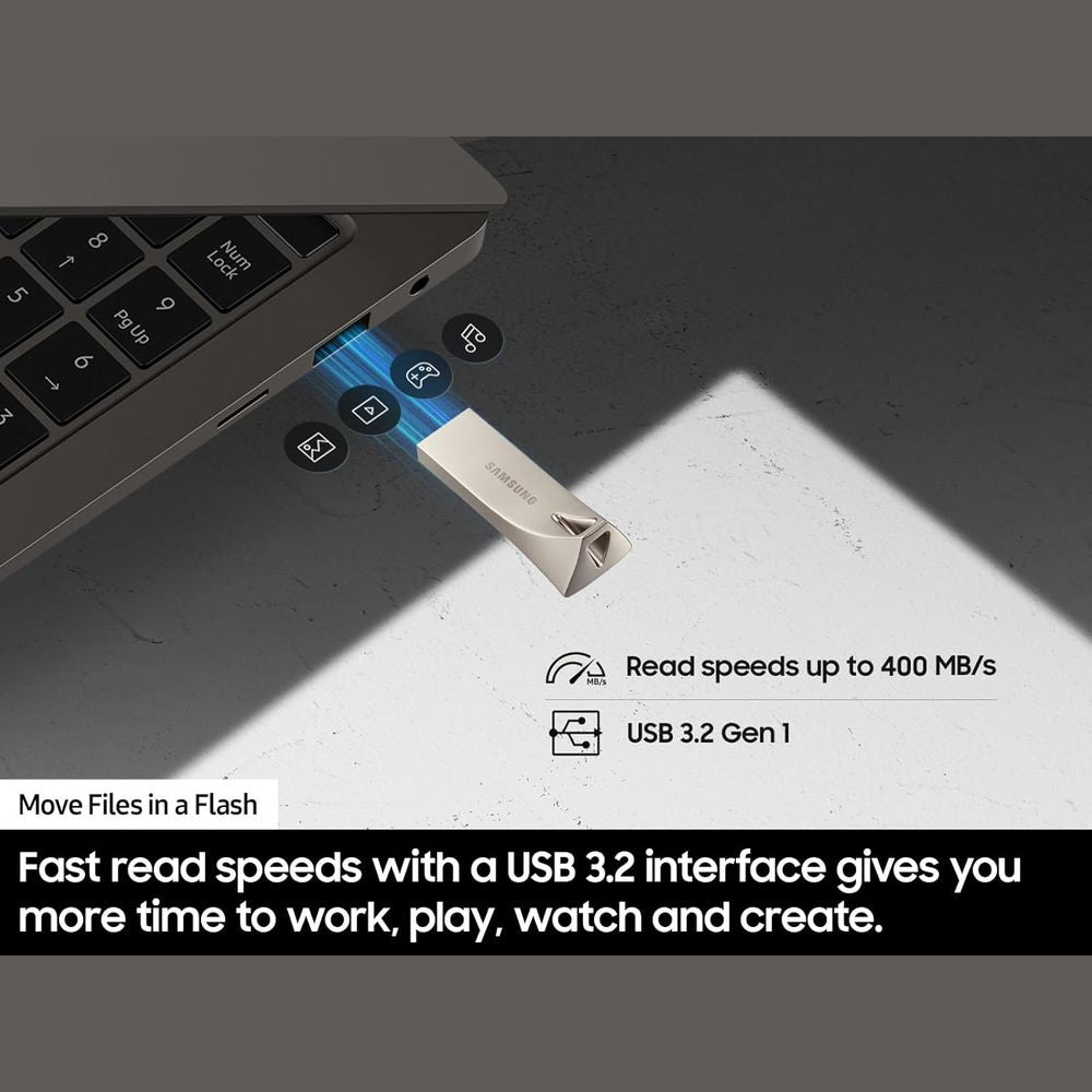 USB SAMSUNG 3.2 GEN1 512GB HASTA 400 mb/s BAR PLUS PLATEADO FINO (PN MUF-512BE3/AM)