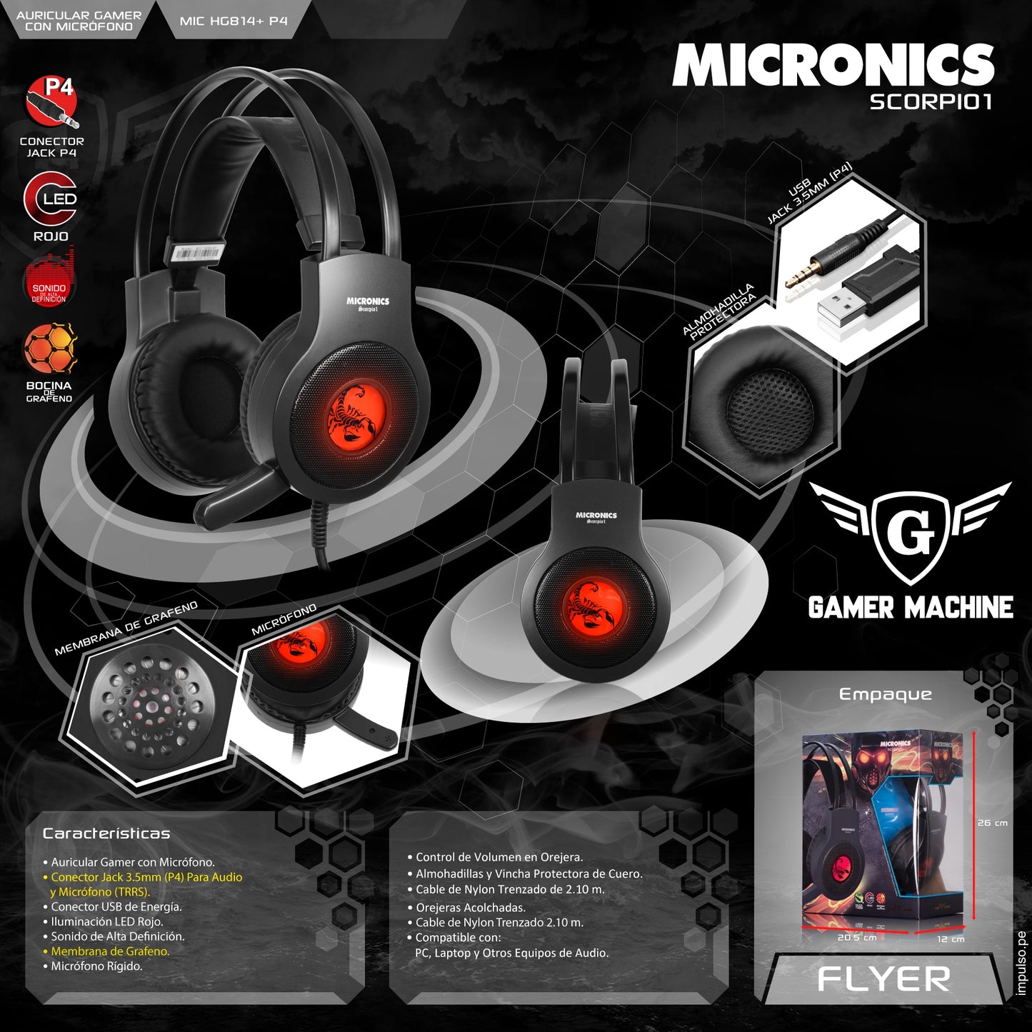 AUDIFONOS GAMING MICRONICS SCORPIO 1 - MIC HG814+P4 USB JACK 3.5