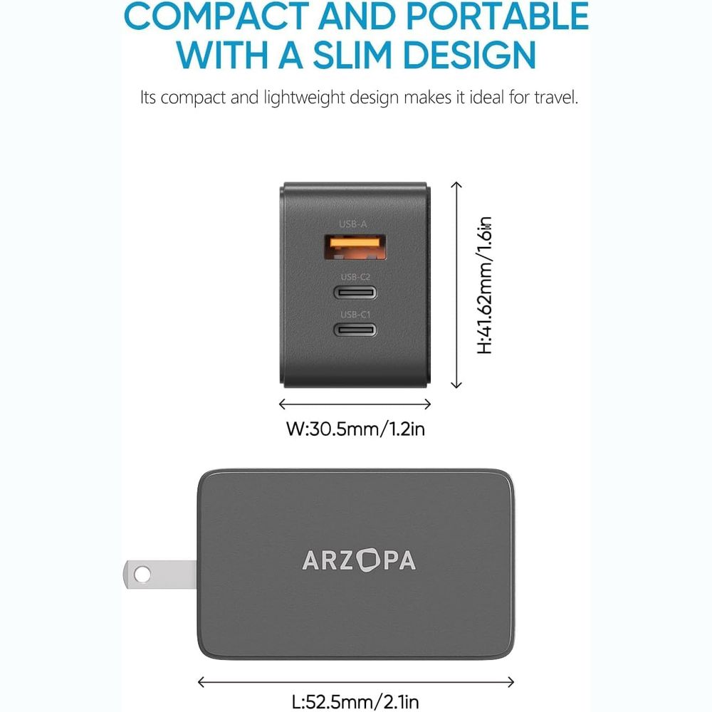 CARGADOR ARZOPA USB-C 65W CON 3 PUERTOS PARA LAPTOP | MONITOR PORTATIL | CELULAR