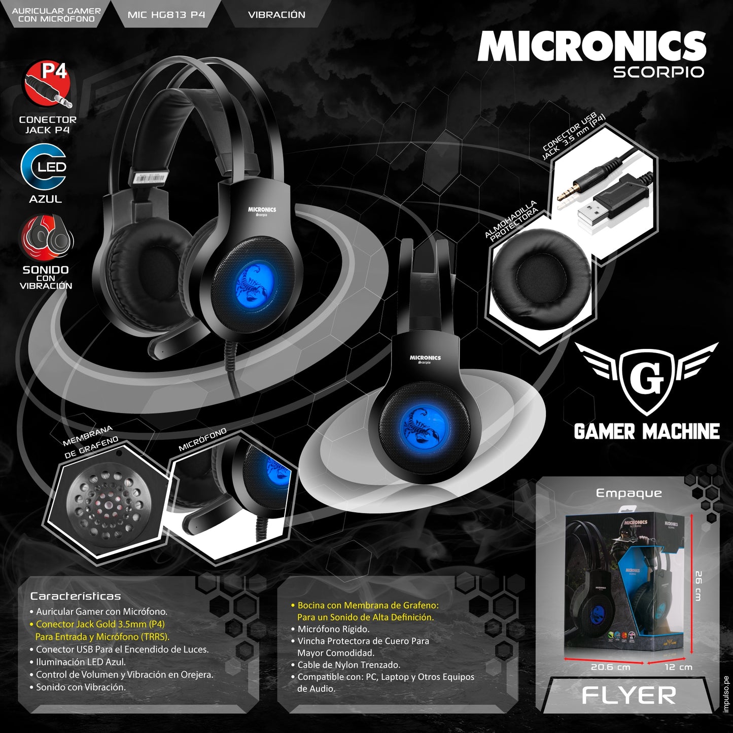 AUDIFONOS GAMING MICRONICS HG813 USB 3.5 P4 VIBRADOR LED AZUL