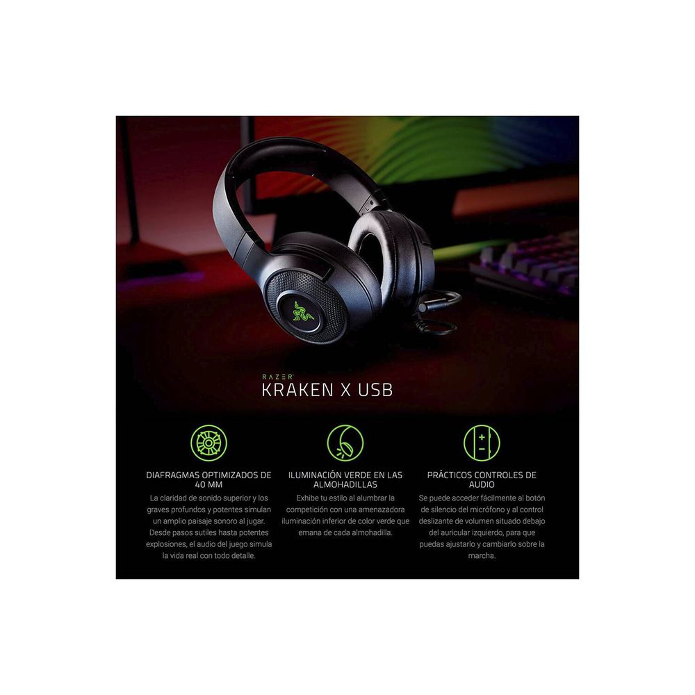 Audifonos Gamer Razer Kraken x USB SONIDO 7.1 PC - SWITCH CONTROLADORES DE VOLUMEN