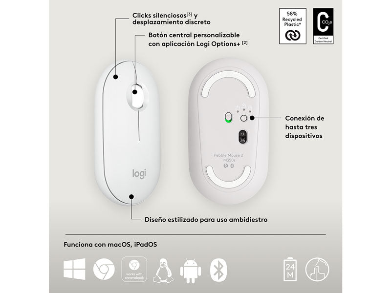 MOUSE LOGITECH PEBBLE MOUSE 2 M350S BLANCO BLUETOOTH SILENT