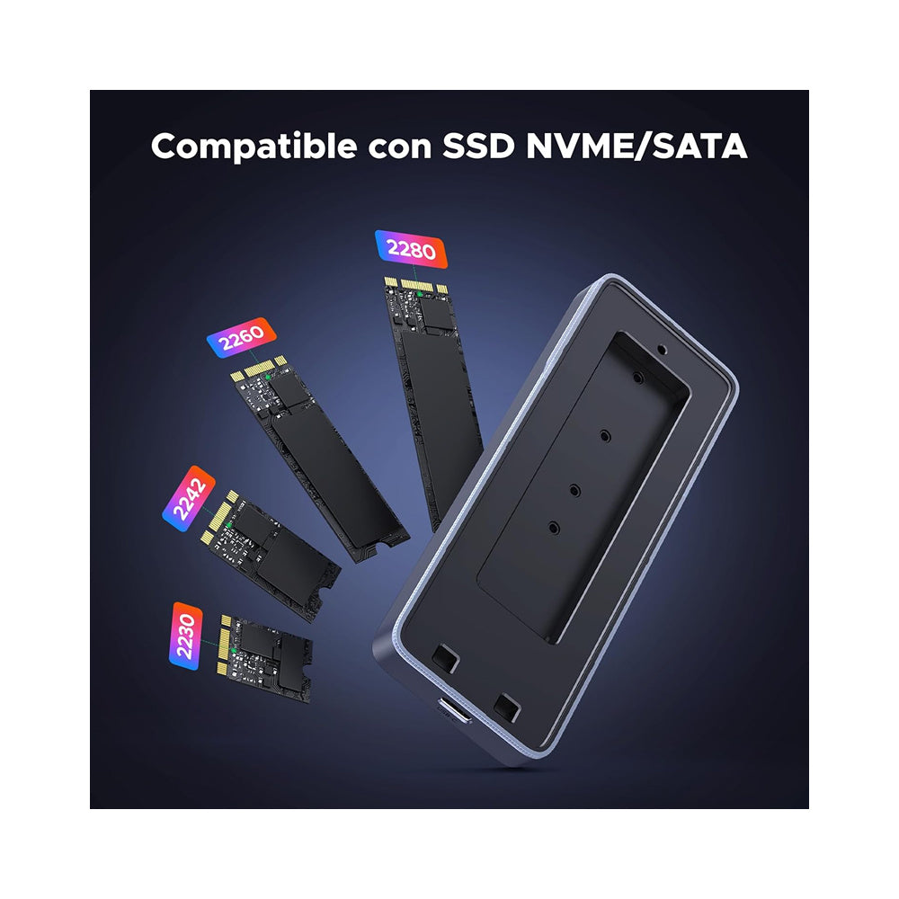 ENCLOSURE UGREEN ADAPTADOR M2 NVME / SATA 2230 2242 2260 2280 M KEY 20GBPS USB-C BORDES RGB (CM777 25665)