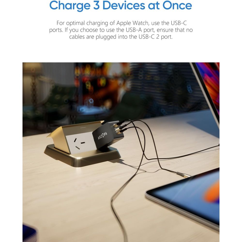 CARGADOR ARZOPA USB-C 65W CON 3 PUERTOS PARA LAPTOP | MONITOR PORTATIL | CELULAR