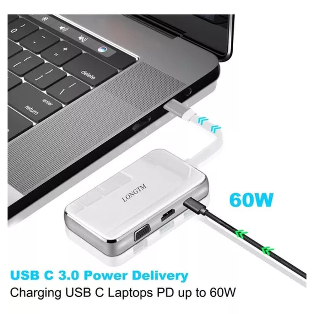 ADAPTADOR MULTIPUERTO 6 EN 1 USB-C a VGA, HDMI, RJ45, 2 USB, USB-C