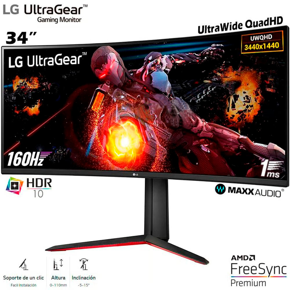 Monitor Gaming LG CURVO ULTRAGEAR 34GP63A-B 34GP63A 34" 3440x1440 WQHD 160HZ PARLANTES INTEGRADOS HDR10
