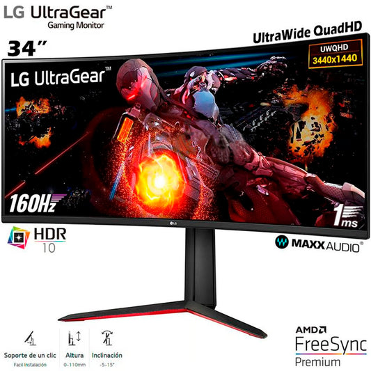 Monitor Gaming LG CURVO ULTRAGEAR 34GP63A-B 34GP63A 34" 3440x1440 WQHD 160HZ PARLANTES INTEGRADOS HDR10