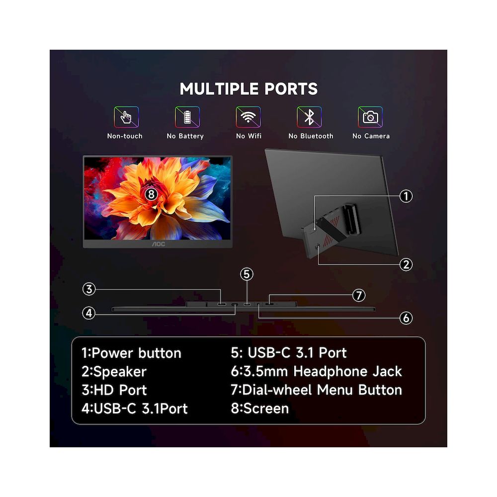 MONITOR PORTATIL AOC V50 15.6' FULL HD IPS 125% SRGB HDR PARA JUEGOS TRABAJO MAC PS XBOX LAPTOP IDEAL PARA VIAJES