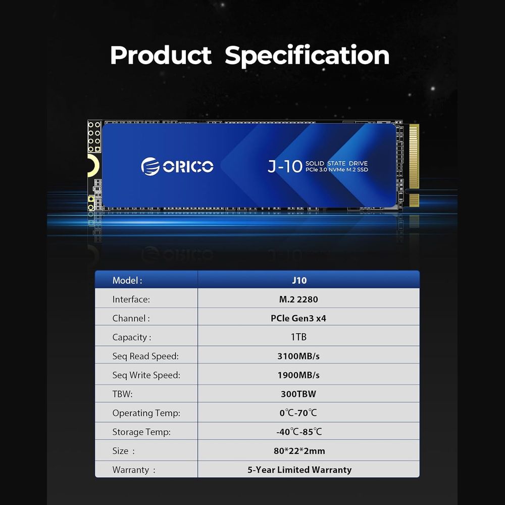 DISCO SOLIDO M.2 ORICO J10 PCIE GEN3X4 2280 NVME 1TB 3D NAND LECTURA HASTA 3100 MBS