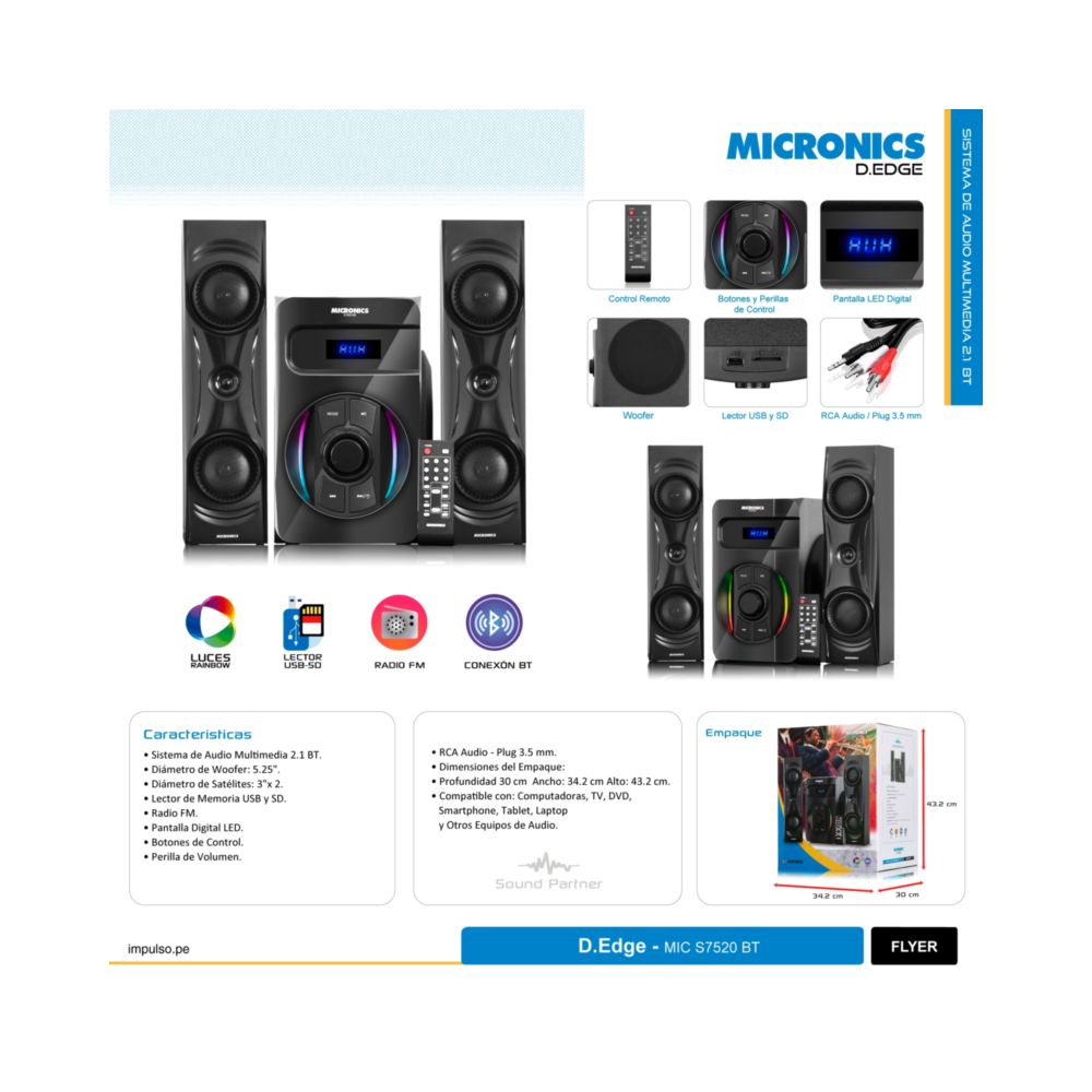 PARLANTES MICRONICS D.EDGE - MIC S7520BT RAINBOW USB SD FM BLUETOOTH