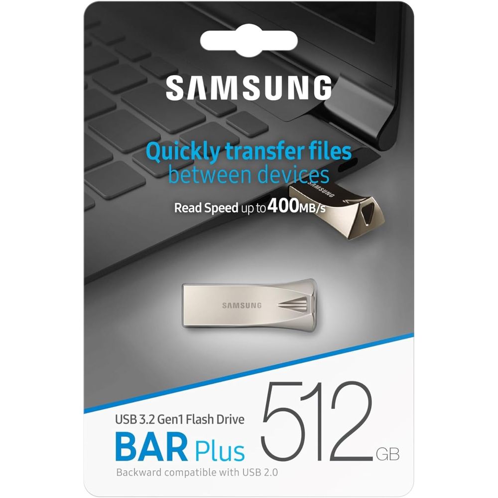 USB SAMSUNG 3.2 GEN1 512GB HASTA 400 mb/s BAR PLUS PLATEADO FINO (PN MUF-512BE3/AM)