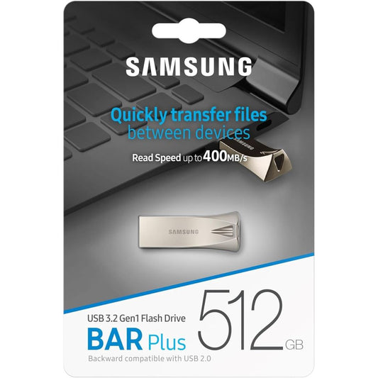 USB SAMSUNG 3.2 GEN1 512GB HASTA 400 mb/s BAR PLUS PLATEADO FINO (PN MUF-512BE3/AM)