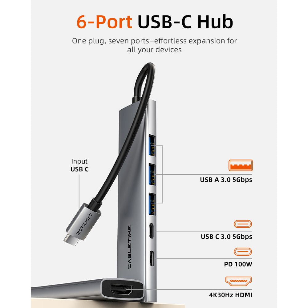 Adaptador CABLETIME HB01G 6 en 1 con HDMI 4k 30H1z, 3xUSB, USB-C, PD (CT-HBP1-AG6)