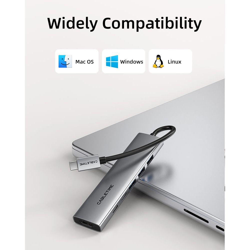 Adaptador CABLETIME HB01G 6 en 1 con HDMI 4k 30H1z, 3xUSB, USB-C, PD (CT-HBP1-AG6)