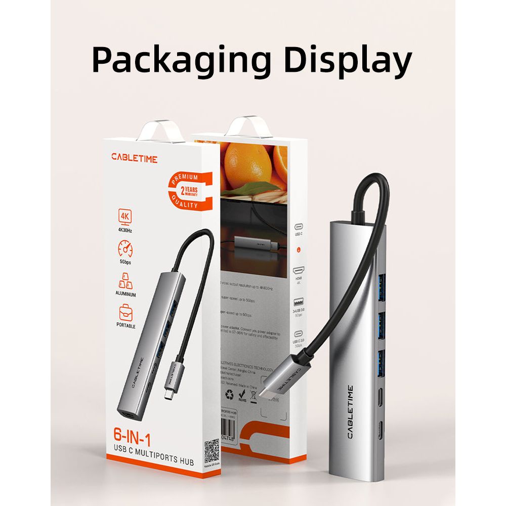 Adaptador CABLETIME HB01G 6 en 1 con HDMI 4k 30H1z, 3xUSB, USB-C, PD (CT-HBP1-AG6)