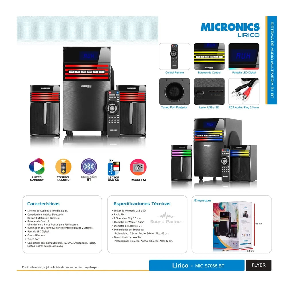 PARLANTES MICRONICS LIRICO MIC-S7065BT RGB SD FM USB