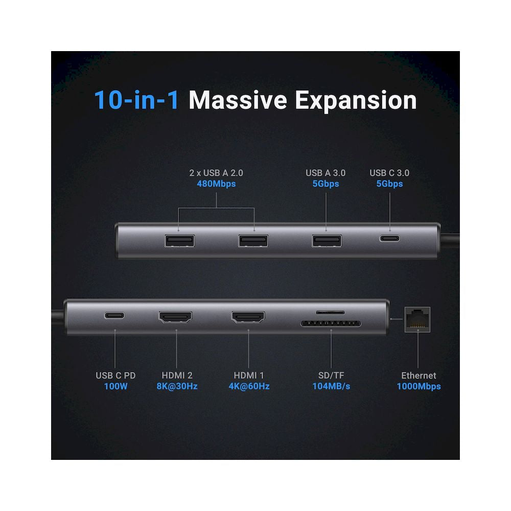 Adaptador UGREEN 10 en 1 - 4k HDMI 8K MAXIMA RESOLUCION USB HUB CM639