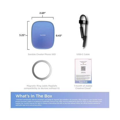 DISCO PORTABLE SSD CREATOR PHONE AZUL Sandisk 2TB 1000Mb/s 950 MB/S COMPATIBLE IPHONE 15 16
