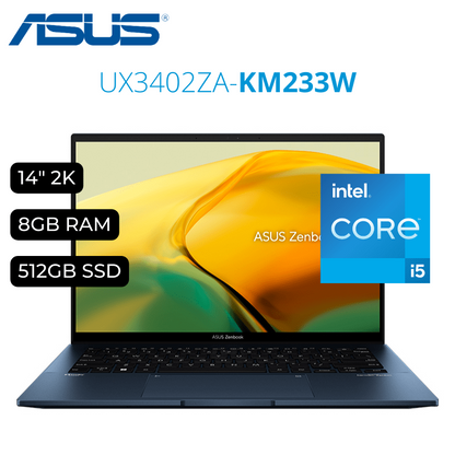 Laptop ZENBOOK UX3402ZA-KM233W 14' 2.8K OLED I5-1240P 8GB 512GBSSD WINDOWS 11 (P/N 90NB0WC1-M00XC0)