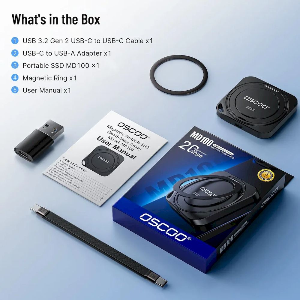 DISCO SSD PORTATIL EXTERNO OSCOO MD100 1TB 20gbps 2100mb/s TIPO-C CON SOPORTE 360° MAGNETICO CELULAR SMARTPHONE IPHONE
