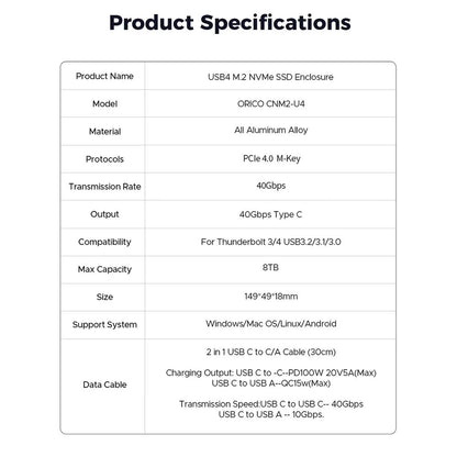 ENCLOSURE M2 NVME CNM2-U4 USB4 Tipo-C THUNDERBOLT 4/3 40GBPS SSD 2230 2242 2260 2280 KEY M COMPATIBLE UASP TRIM (CNM2-U4-GY)