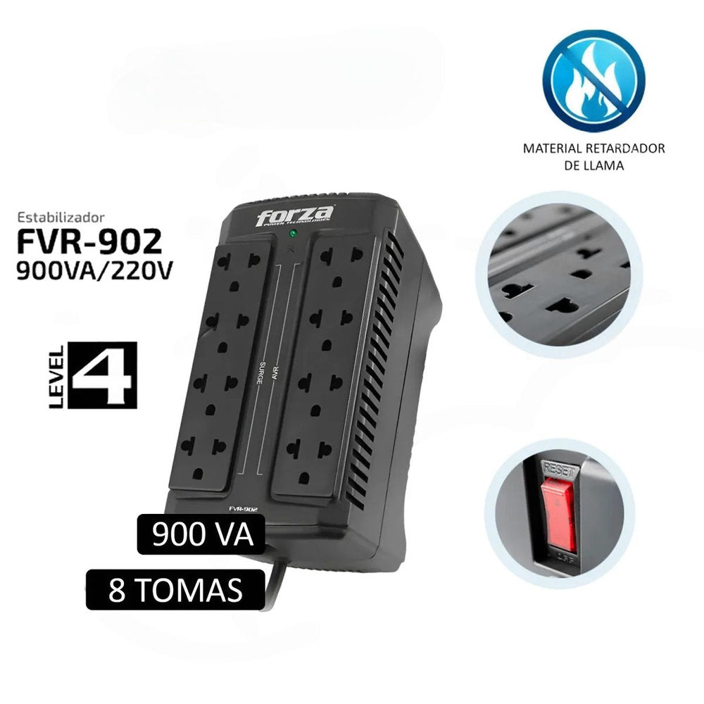 Regulador automático de voltaje ESTABILIZADOR Forza Fvr-902 900VA 450W 8 Tomas PROTECCION NIVEL 4