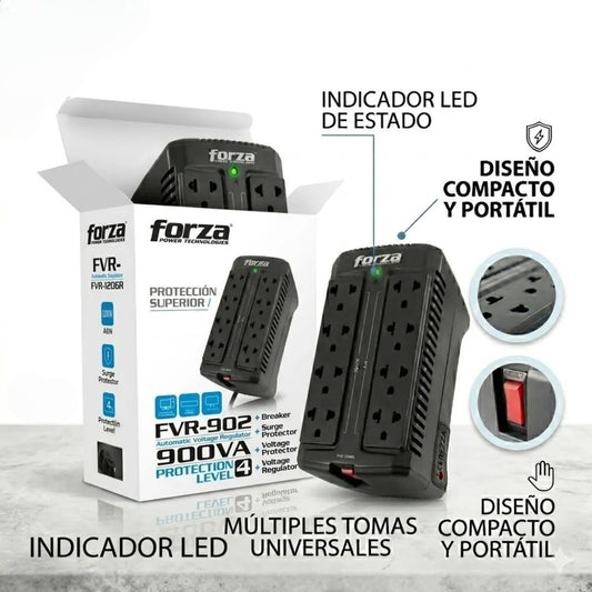Regulador automático de voltaje ESTABILIZADOR Forza Fvr-902 900VA 450W 8 Tomas PROTECCION NIVEL 4
