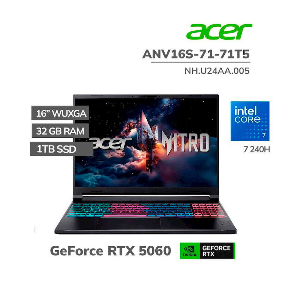 LAPTOP ACER NITRO V ANV16S-71-71T5 16S IPS WUXGA 32GB RAM 1TB SSD VIDEO RTX5060 8GB WINDOWS 11 (NH.U24AA.005)