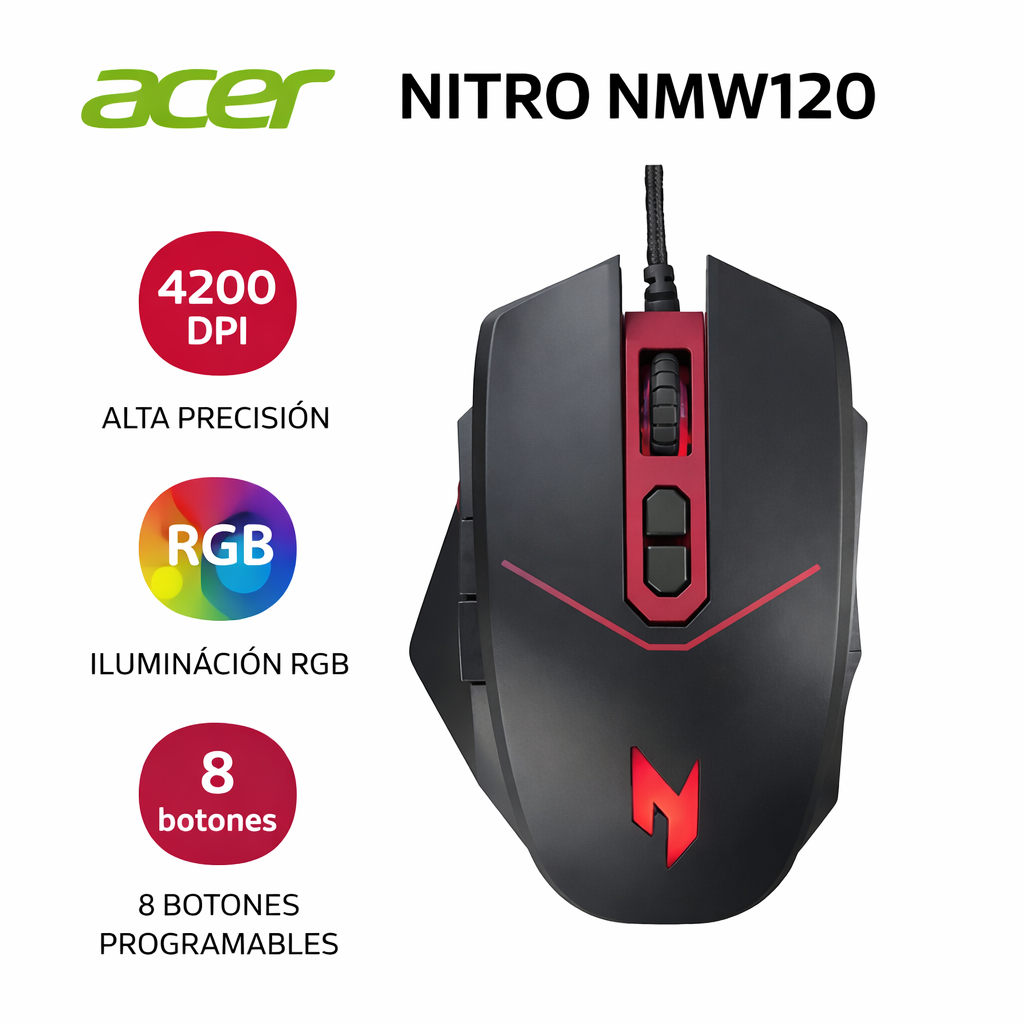 MOUSE GAMER ACER NITRO 4200dpi 8 BOTONES CON PESOS INTERCAMBIABLES ACER NMW120