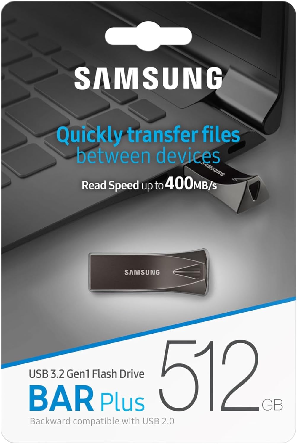 USB SAMSUNG 3.2 GEN1 512GB HASTA 400 mb/s BAR PLUS PLATEADO FINO (PN MUF-512BE3/AM)