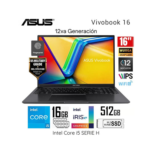Laptop ASUS X1605ZA-MB292 16' IPS I5 12VA i5-12500H 16GB RAM 512GB SSD LECTOR HUELLA 90NB0ZA3-M00EZ0