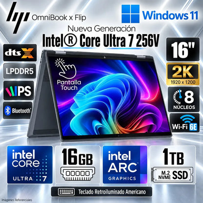 Laptop HP Omnibook X Flip 2 en 1 16" 2k Core Ultra 7 16GB 1TB SSD NGAI 47 NPU AI BOOST READY Laptop X360 Laptop tactil Laptop HP 16-as0023dx TOUCH