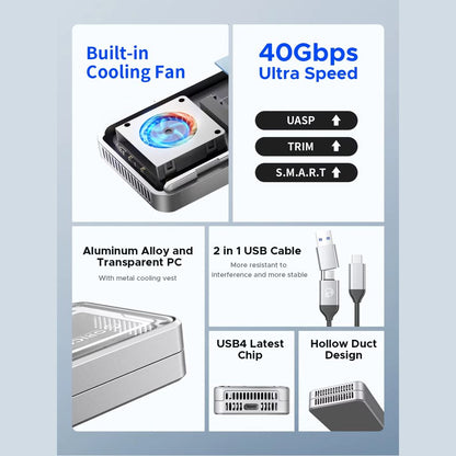 ENCLOSURE ORICO 40GBPS CON CAJA ALUMINIO TRANSPARENTE SOPORTA MAX. 8TB PCIE NVME THUNDERBOLT 3/4 (AAGM2-U4) SSD 2230 2242 2260 2280 con key M