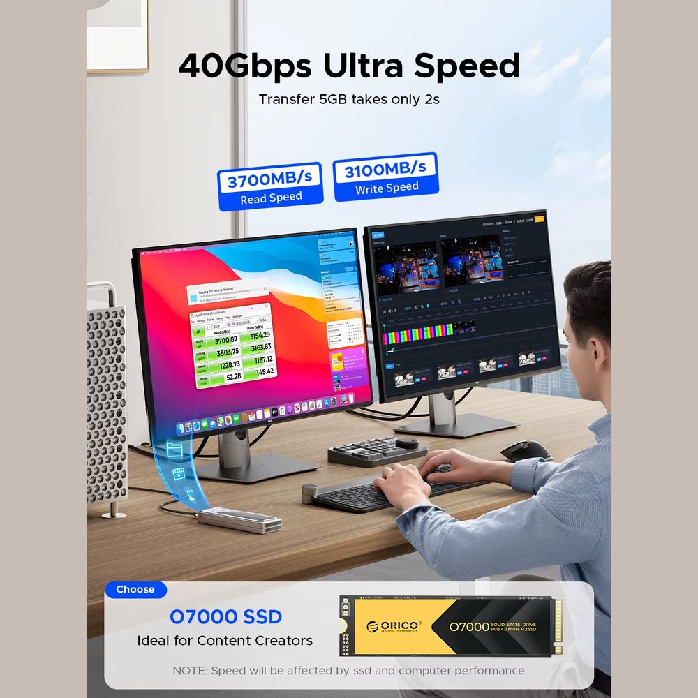ENCLOSURE ORICO 40GBPS CON CAJA ALUMINIO TRANSPARENTE SOPORTA MAX. 8TB PCIE NVME THUNDERBOLT 3/4 (AAGM2-U4) SSD 2230 2242 2260 2280 con key M