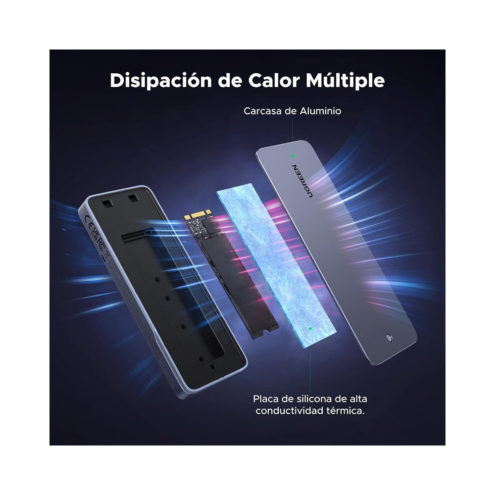 ENCLOSURE UGREEN ADAPTADOR M2 NVME / SATA 2230 2242 2260 2280 M KEY 20GBPS USB-C BORDES RGB (CM777 25665)