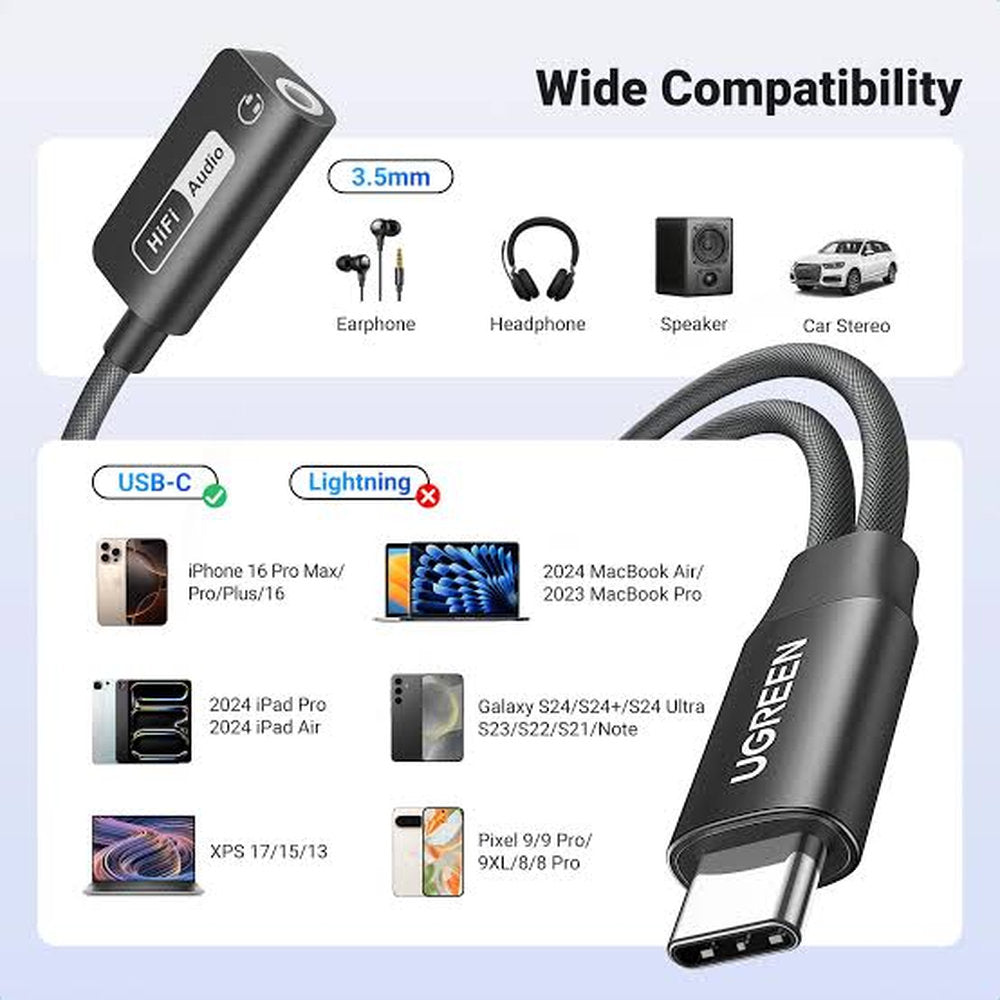 Adaptador de audio Ugreen usb C a 3.5mm y usb C Cable USB C a AUXILIAR tipo C y AUXILIAR de 3,5mm, Chip DAC HI-FI CM721 25837 ADAPTADOR PARA AURICULARES 32 BITS