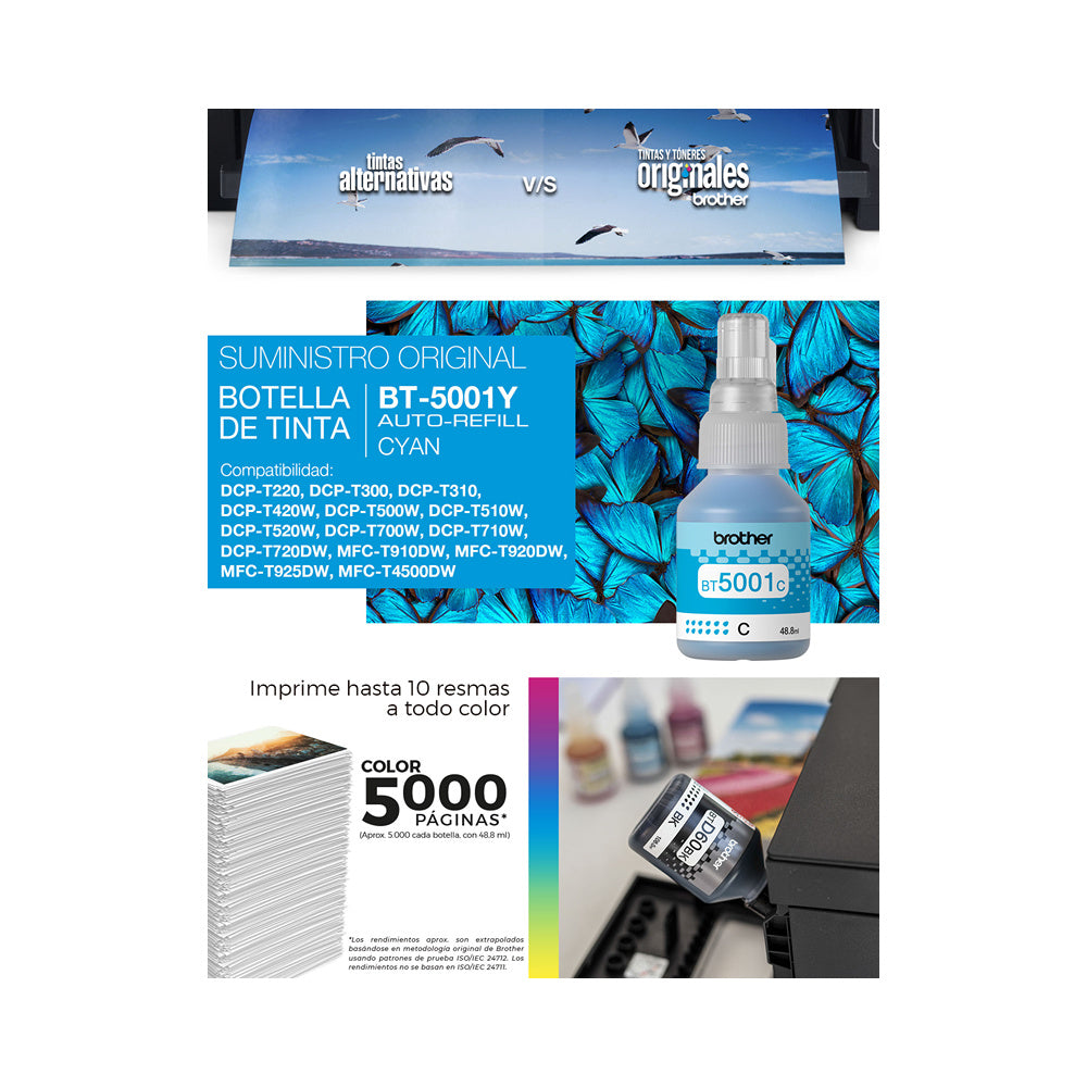 Botella de Tinta BROTHER bt5001C bt5001 5001 5001C AZUL CIAN CYAN OEM SIN CAJA T220 T300 T310 T420W T500w T510W T520W T700w T710W T720DW T800w T810W T820DW T910DW T920DW T4500DW